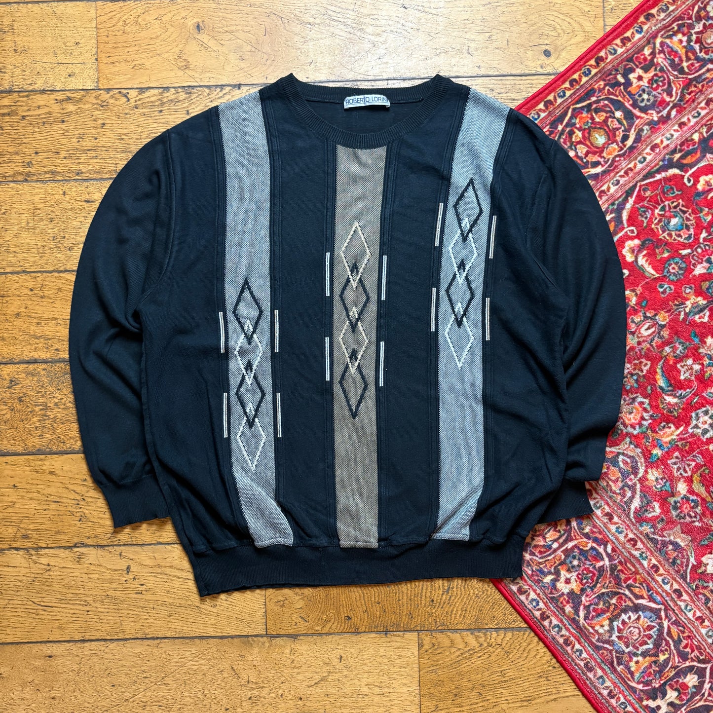 Vintage Black Pattern Knit Jumper - L