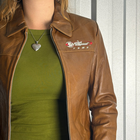 Planet Hollywood 1998 Brown Embroidered Womens Leather Jacket - Size 8