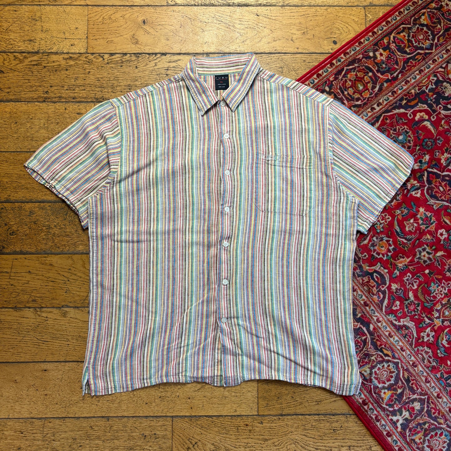 Vintage Fubu Stripe Hip Hop Embroidered Short Sleeve Shirt - XL