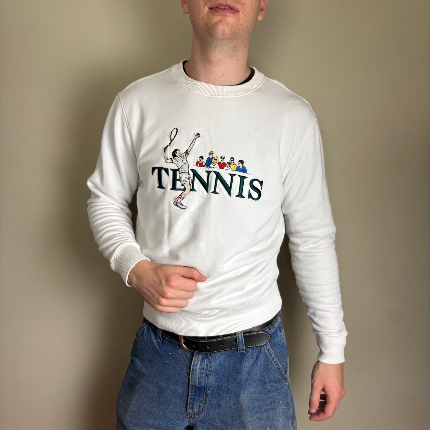 Vintage Lacoste White Tennis Wimbledon Embroidered Sweatshirt - M