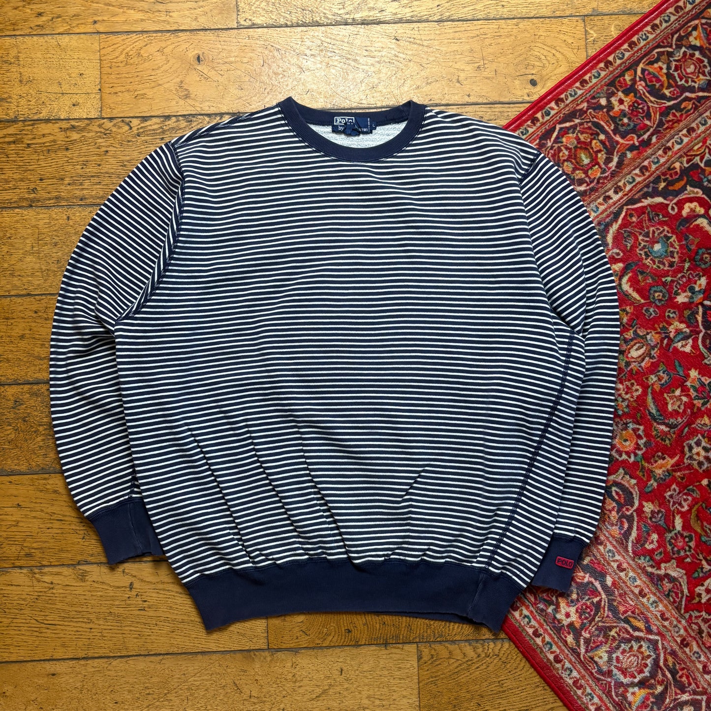 Vintage Ralph Lauren Stripe Navy Embroidered Sweatshirt - L