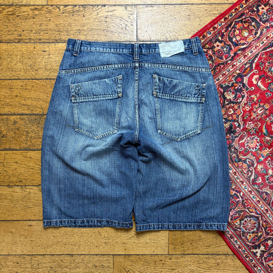 Vintage Blue Embroidered Y2K Hip Hop Baggy Shorts Jorts - 38