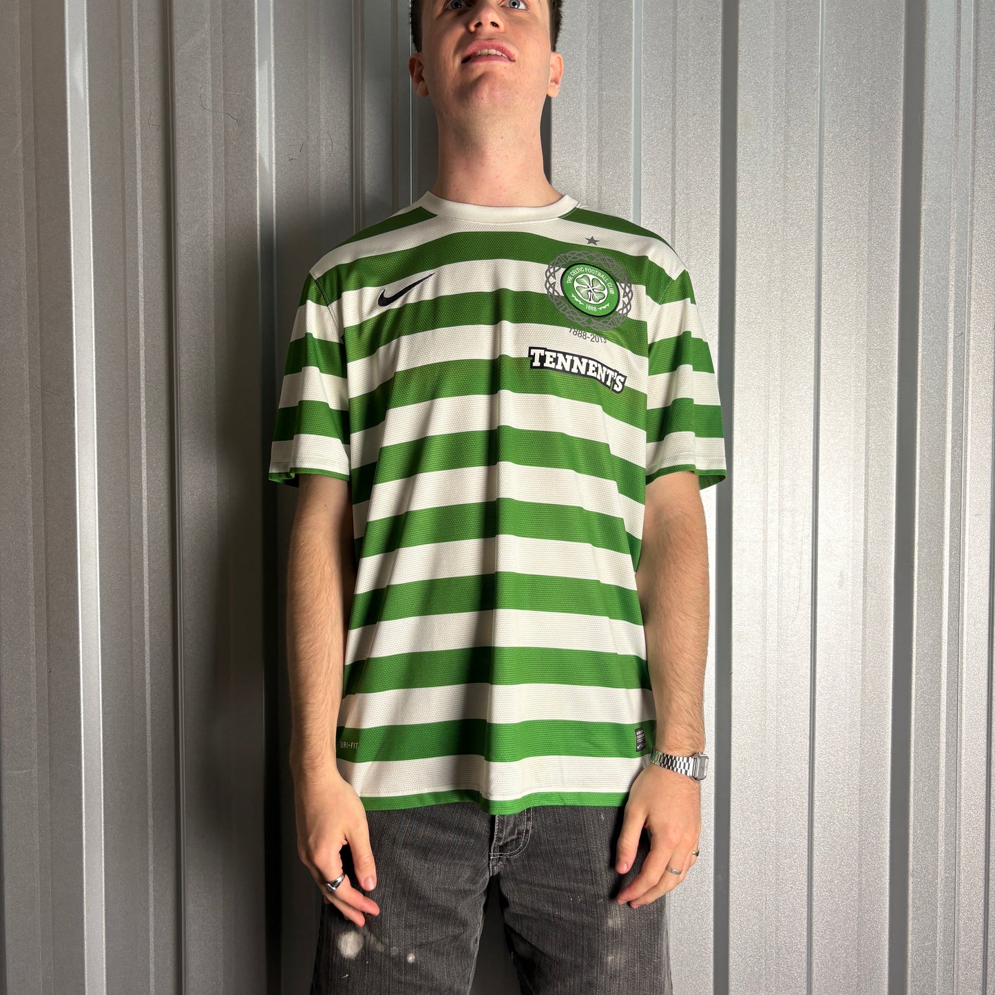 Celtic 2013 Green White Nike Stripe Tennents Football Shirt - XL
