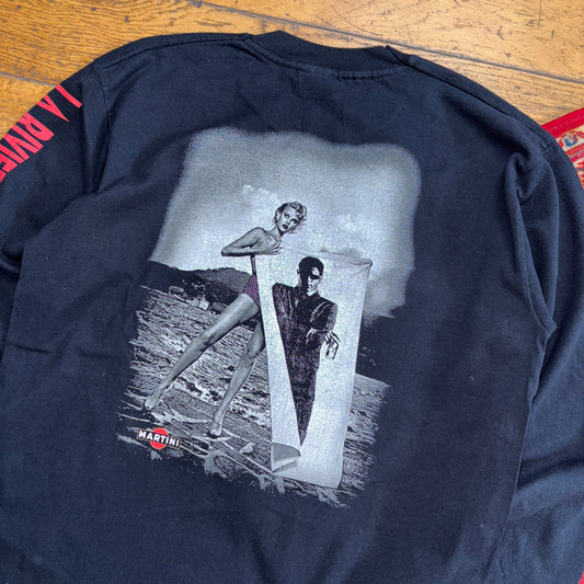Vintage 90s Martini Screen Stars Black Long Single Stitch Graphic T-Shirt - S