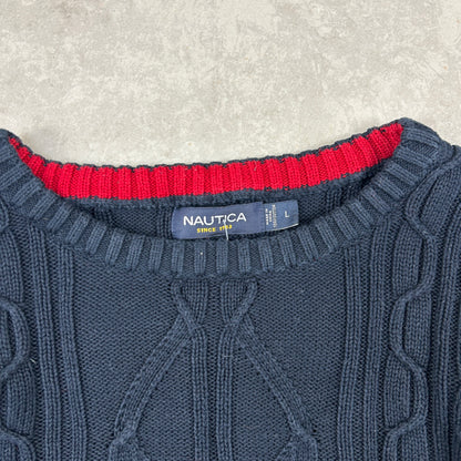 Vintage Nautica Navy Chunky Cable Knit Jumper - L