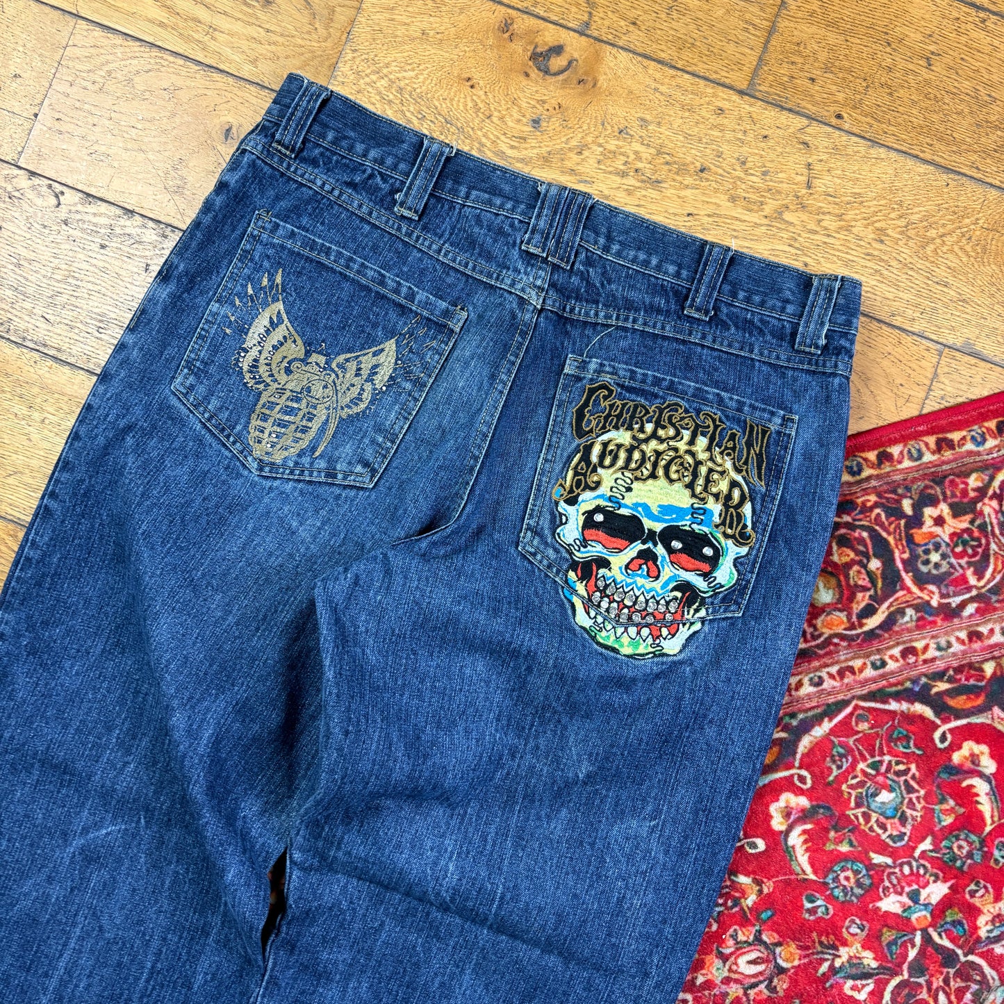Vintage Blue Skull Embroidered Y2K Hip Hop Baggy Jeans - 36