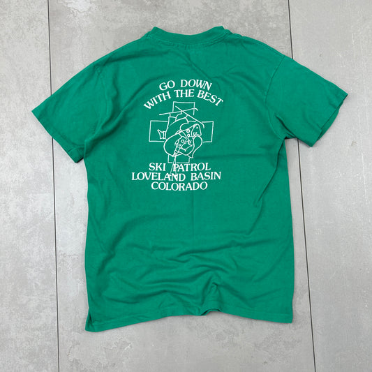 Vintage 90s Single Stitch Skiing Graphic Green T-Shirt - S