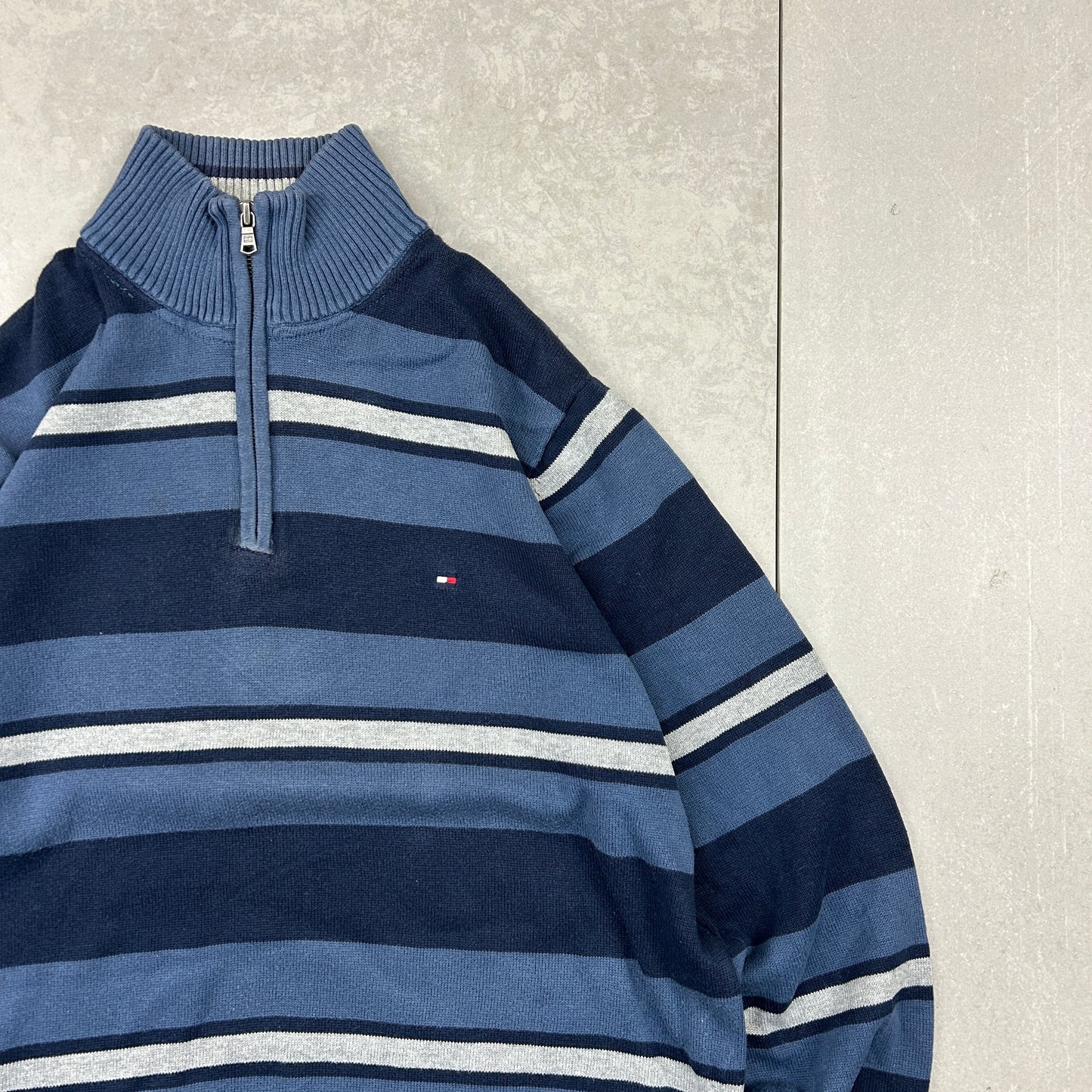 Vintage Tommy Hilfiger Striped Quarter Zip Chunky Knit Blue Jumper - L