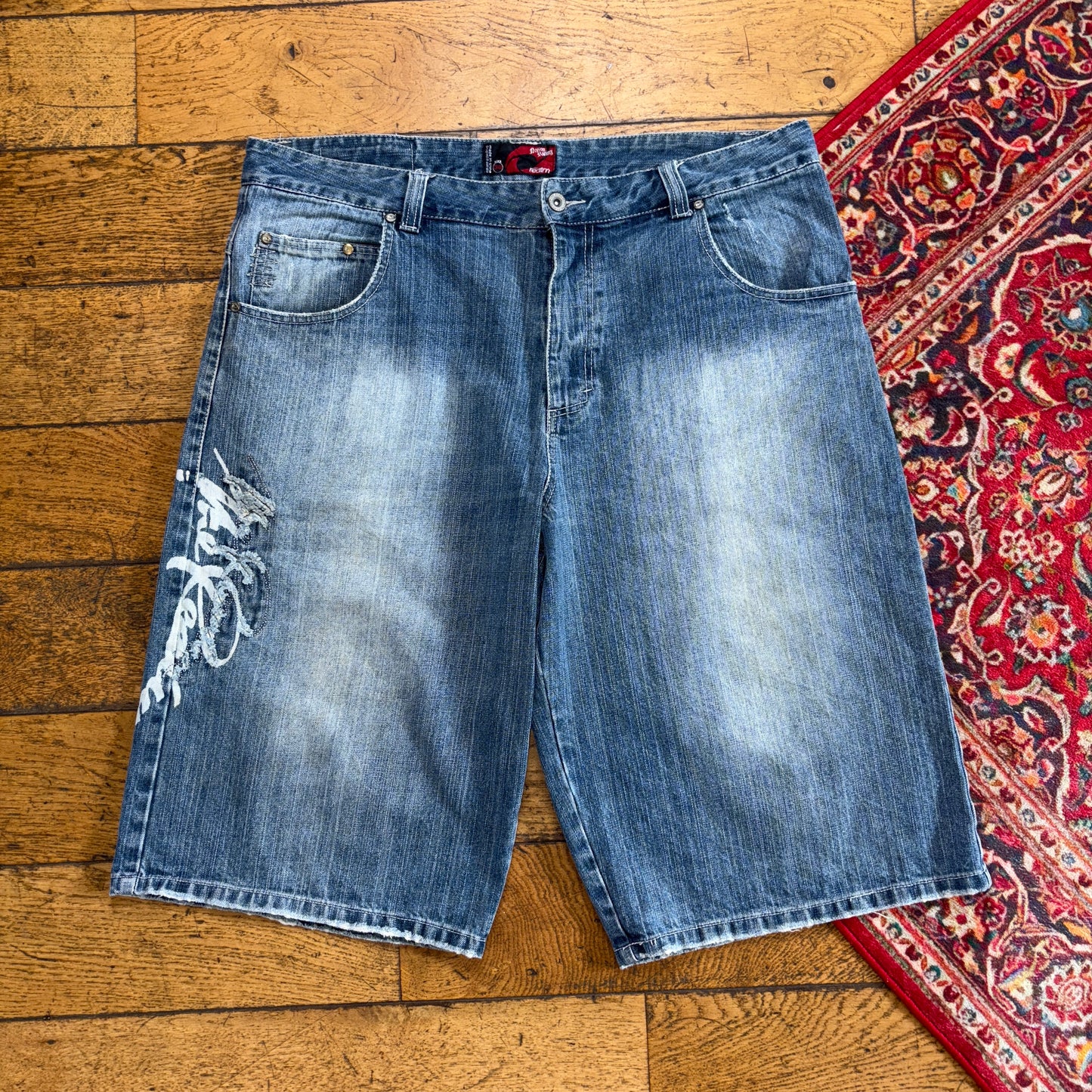 Vintage Blue Embroidered Y2K Hip Hop Baggy Jeans Shorts Jorts - 38