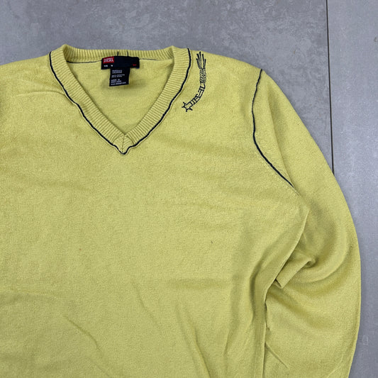 Vintage 00s Diesel Knit Green Yellow Jumper Embroidered Sweatshirt - S