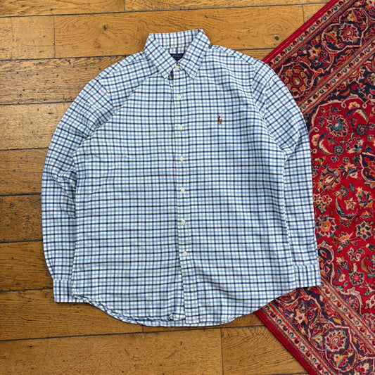 Vintage Ralph Lauren White Blue Check Embroidered Shirt - M
