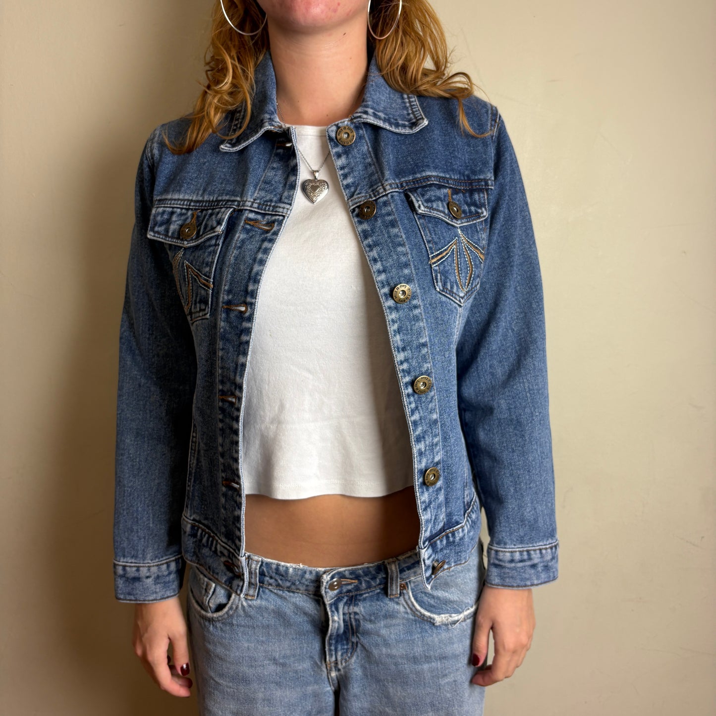Vintage Blue Embroidered Womens Y2K Denim Jacket - L