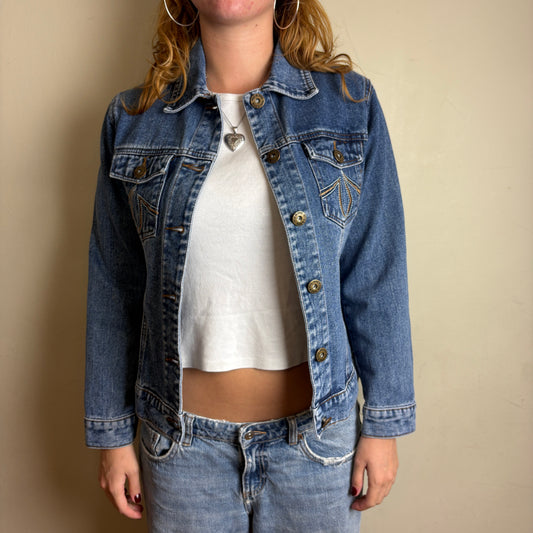 Vintage Blue Embroidered Womens Y2K Denim Jacket - L