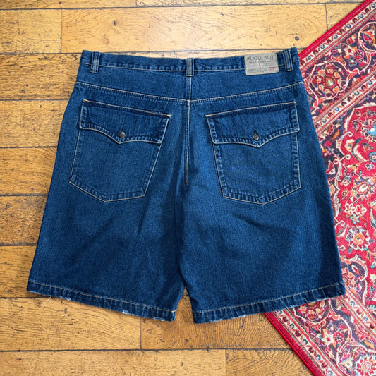 Vintage Bugle Boy Blue Embroidered Y2K Hip Hop Baggy Jeans Shorts Jorts - 44