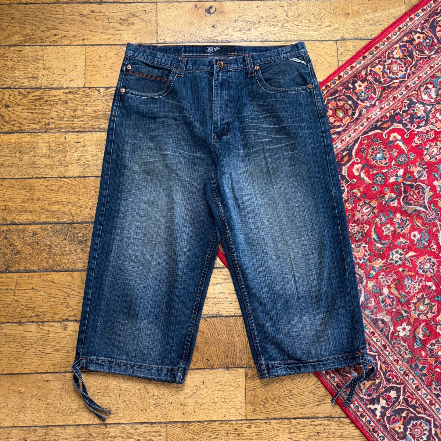 Vintage Royal Blue Embroidered Y2K Hip Hop Baggy Jeans Shorts Jorts - 40