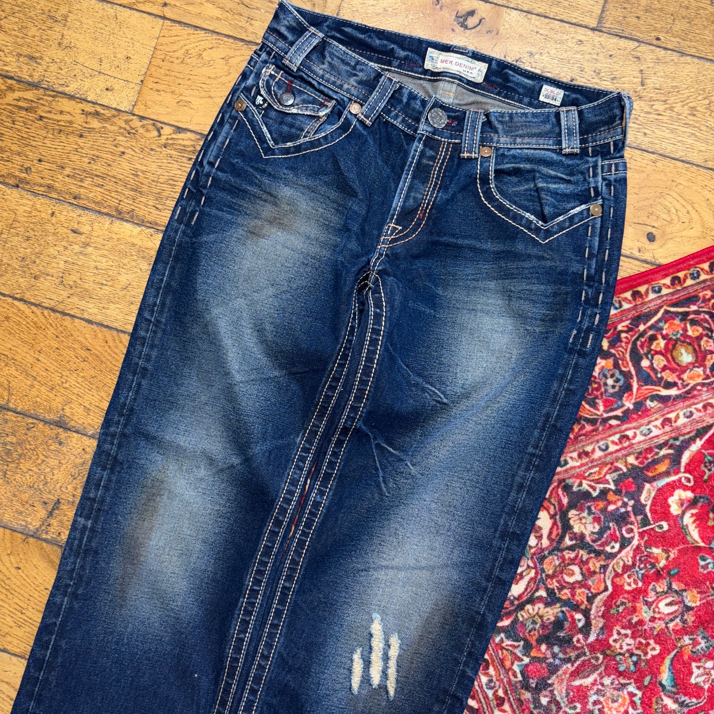 Vintage Mek Blue Embroidered Y2K Hip Hop Baggy Jeans - 34