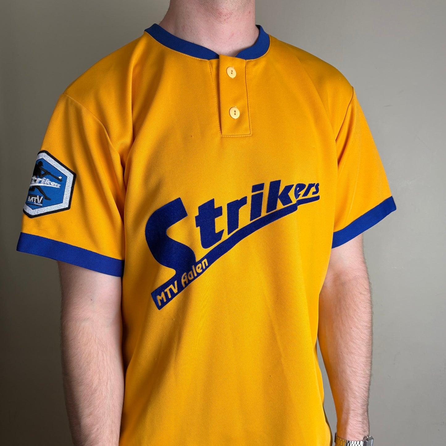 Vintage Yellow Strikers German Baseball Jersey Henley MLB Sports Shirt - L
