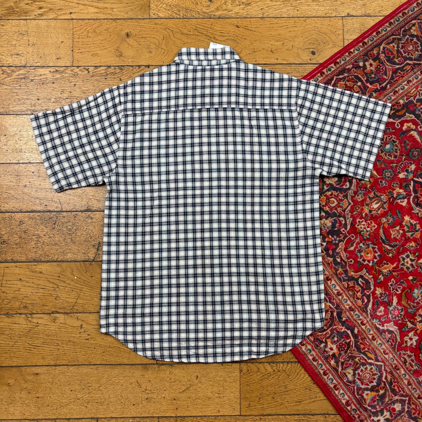 Vintage Keep Fun Cream Black Check Short Sleeve Zip Embroidered Shirt - S