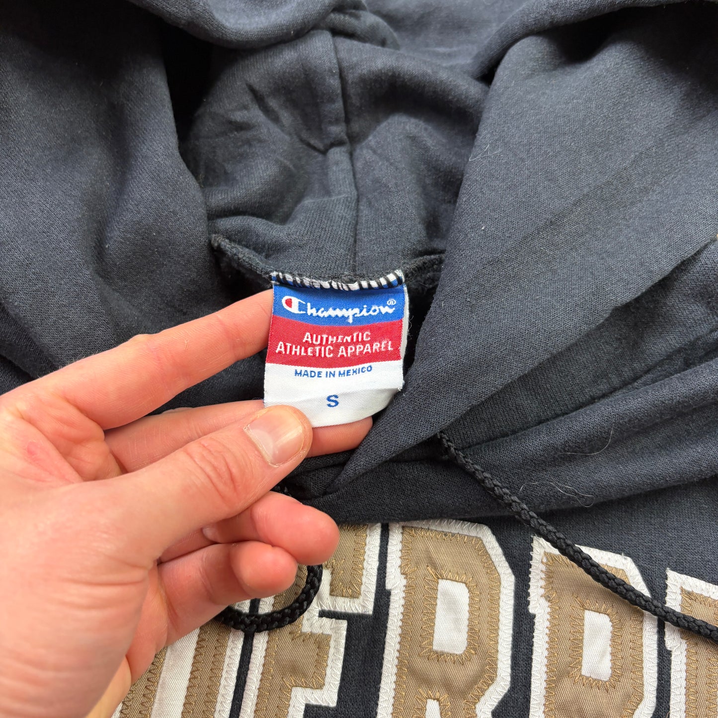 Vintage Champion Black USA College Hoodie Embroidered Sweatshirt - S