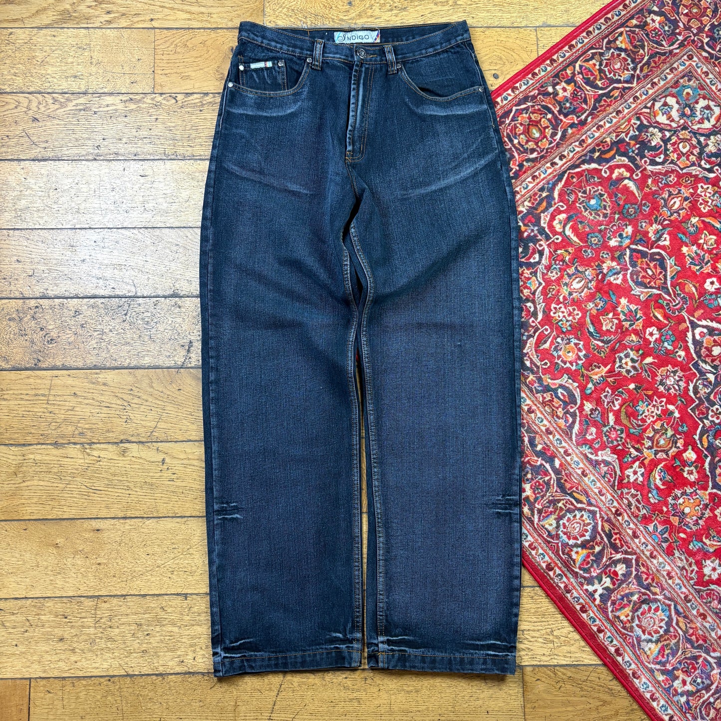 Vintage Blue Embroidered Y2K Hip Hop Baggy Jeans - 34