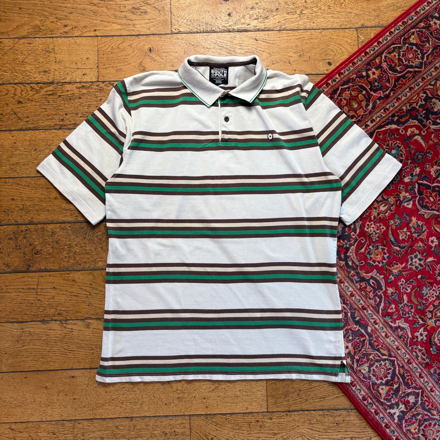 Vintage Southpole White Green Stripe Hip Hop Polo Shirt - 2XL