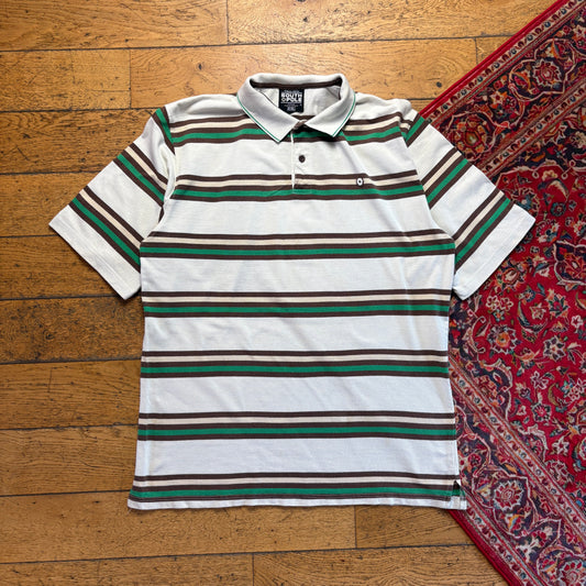 Vintage Southpole White Green Stripe Hip Hop Polo Shirt - 2XL