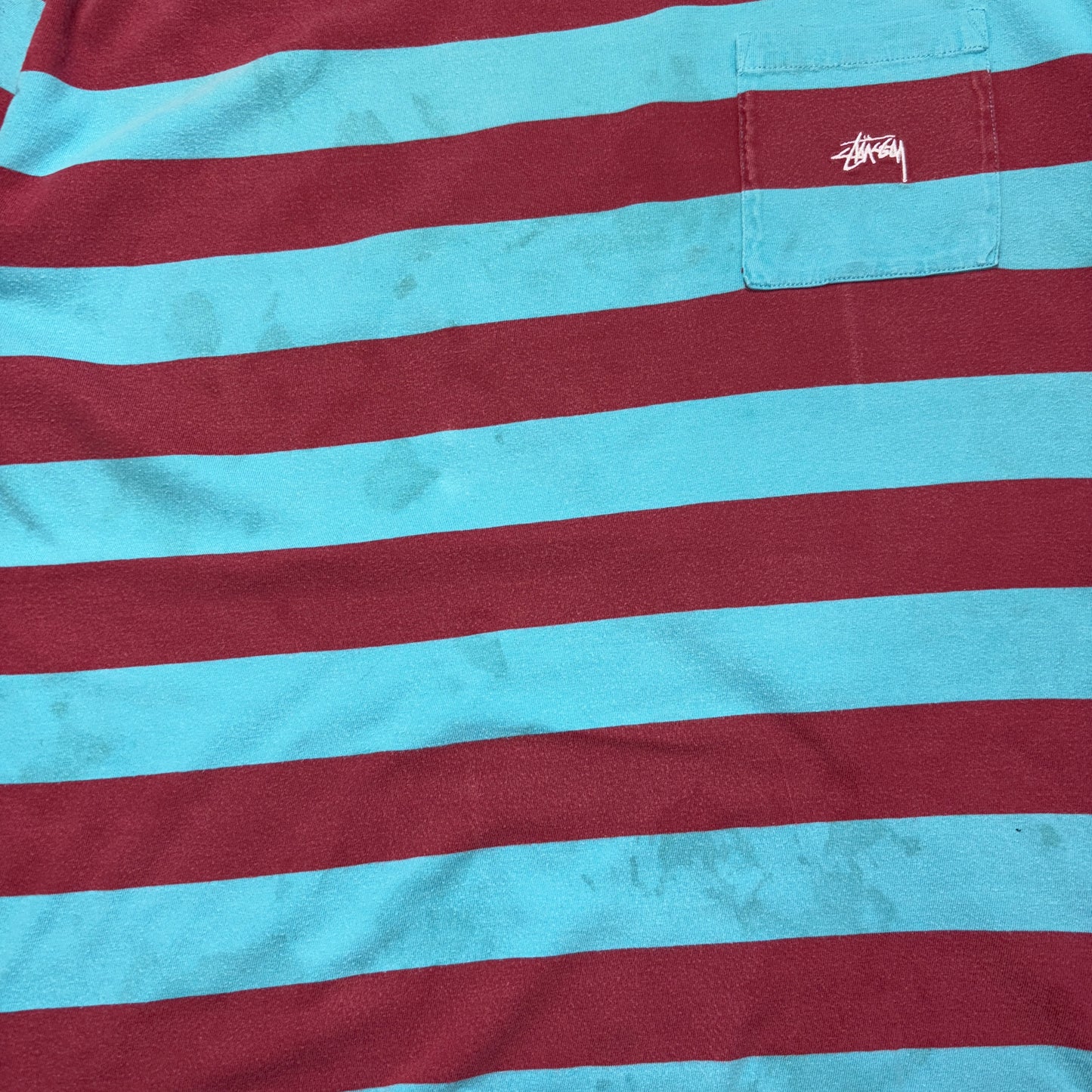 Vintage Stussy Blue Red Stripe Embroidered T-Shirt - L