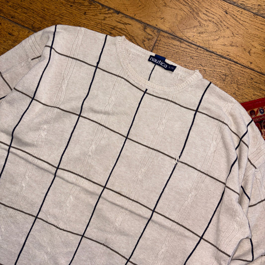 Vintage Nautica Cream Check Embroidered Knit Jumper - XL