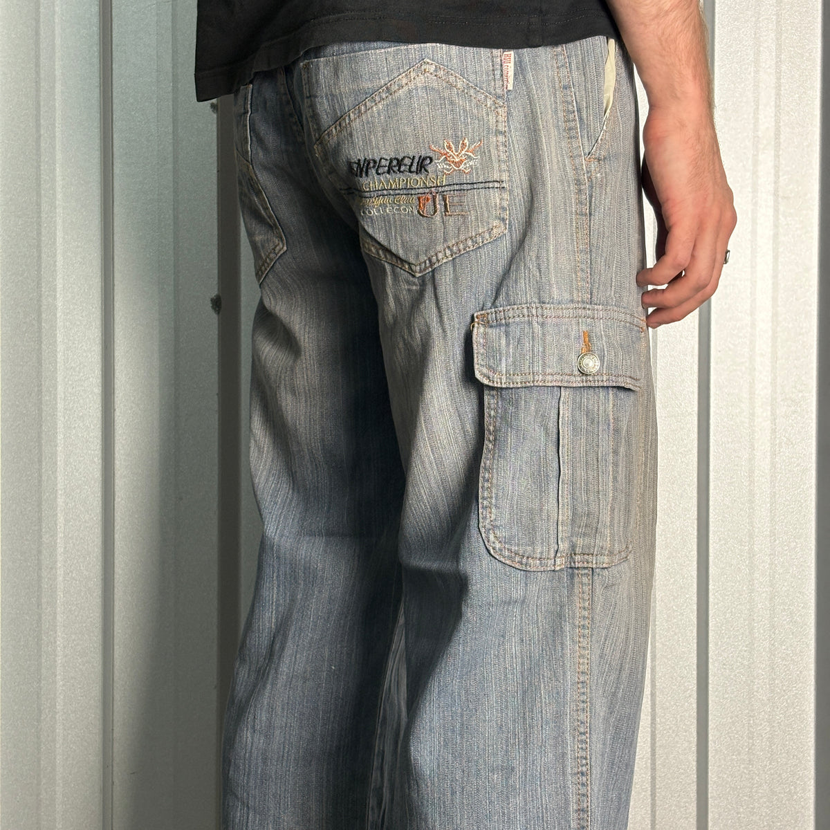 Embroidered Blue Cargo Japanese Denim Hip Hop Y2K Baggy Jeans - 34S