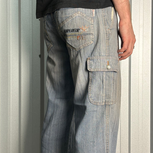 Embroidered Blue Cargo Japanese Denim Hip Hop Y2K Baggy Jeans - 34S