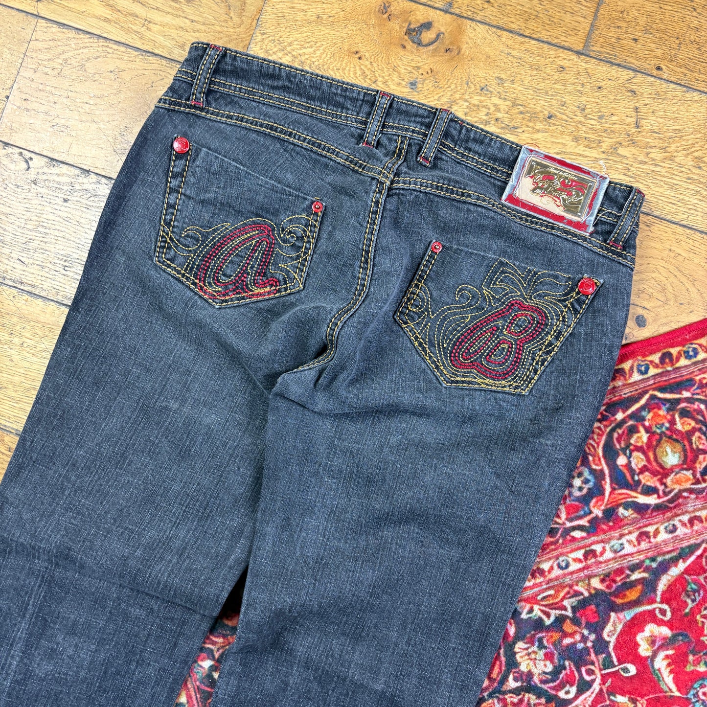 Vintage Apple Bottom Black Low Rise Embroidered Y2K Hip Hop Bootcut Jeans - 36