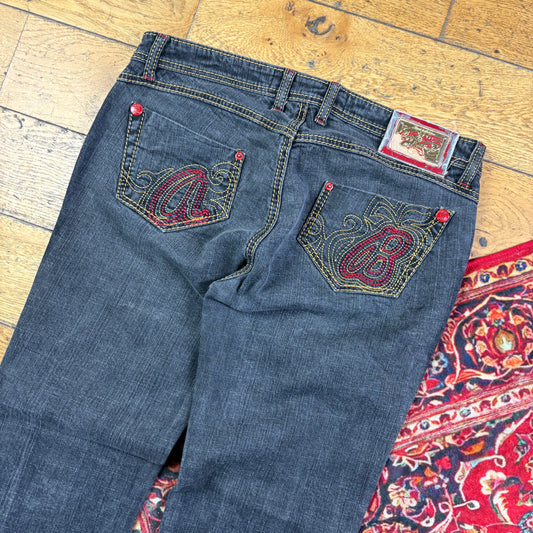 Vintage Apple Bottom Black Low Rise Embroidered Y2K Hip Hop Bootcut Jeans - 36