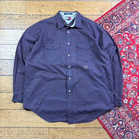 Vintage Tommy Hilfiger Burgundy Check Embroidered Shirt - XL