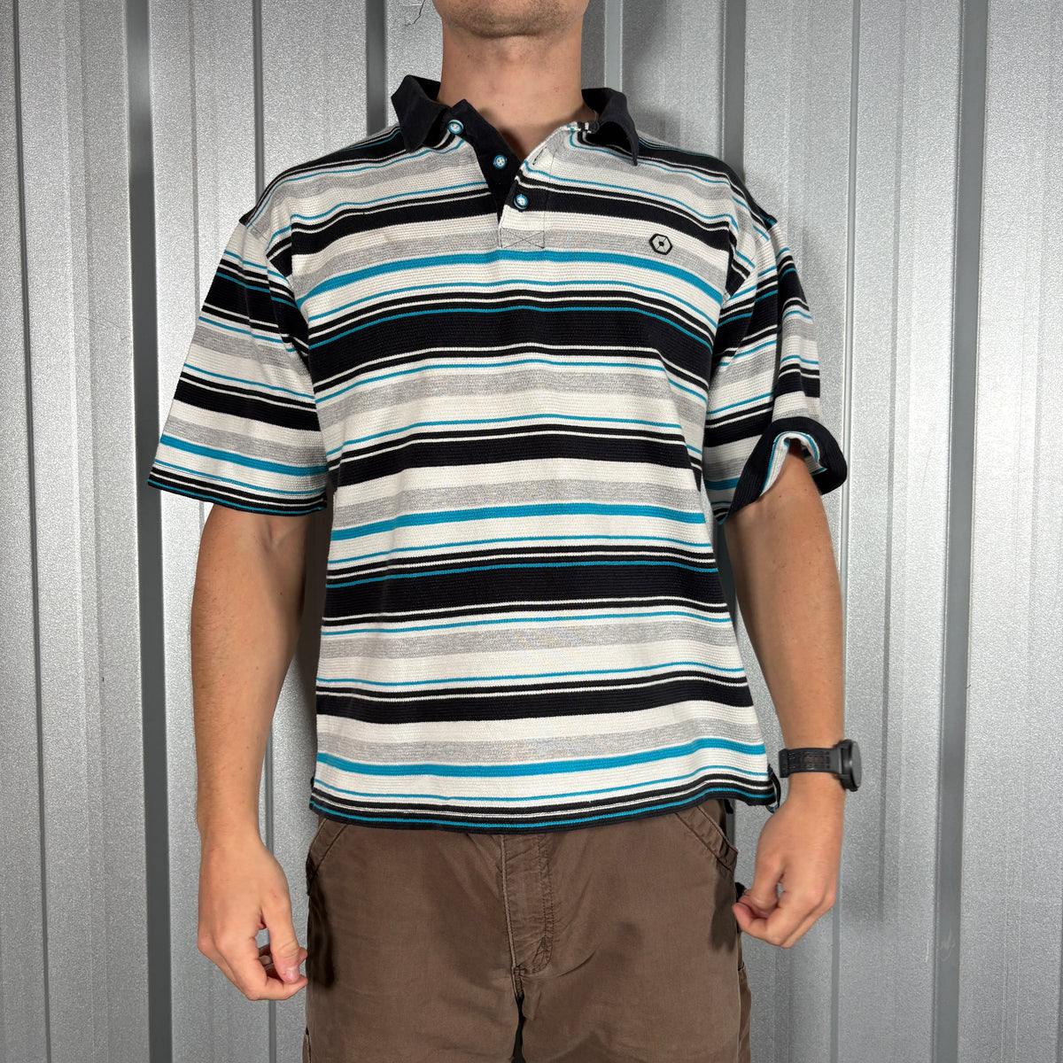 Southpole Blue white Stripe Boxy Hip Hop Y2K Polo T Shirt - L