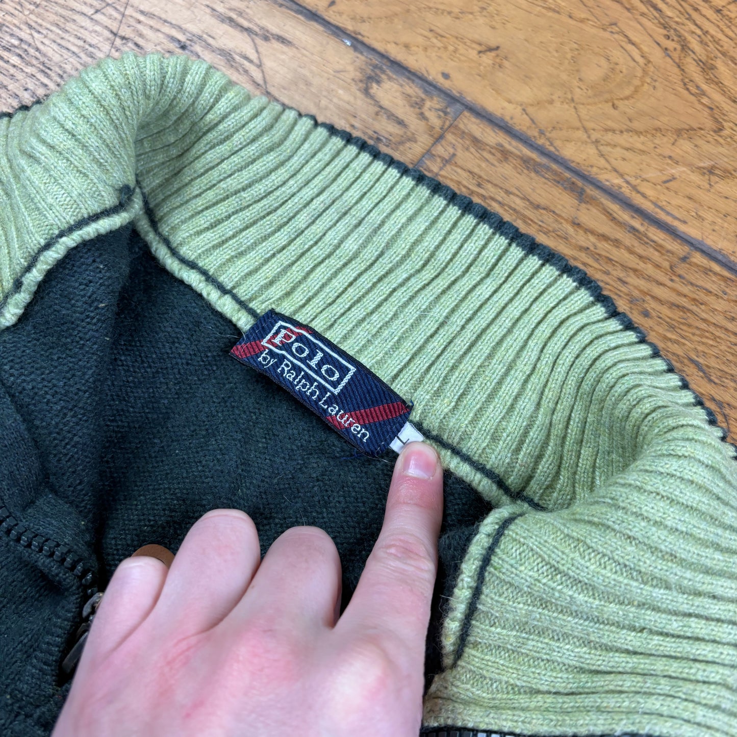 Vintage Ralph Lauren Green Wool Quarter Zip Chunky Knit Jumper - L