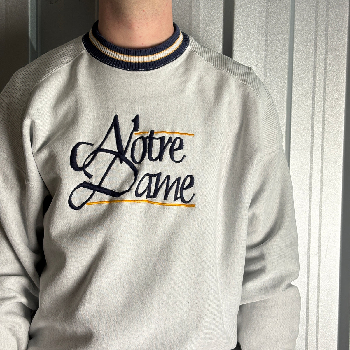 Vintage 90s Notre Dame Grey College USA Ringer Embroidered Sweatshirt - XL
