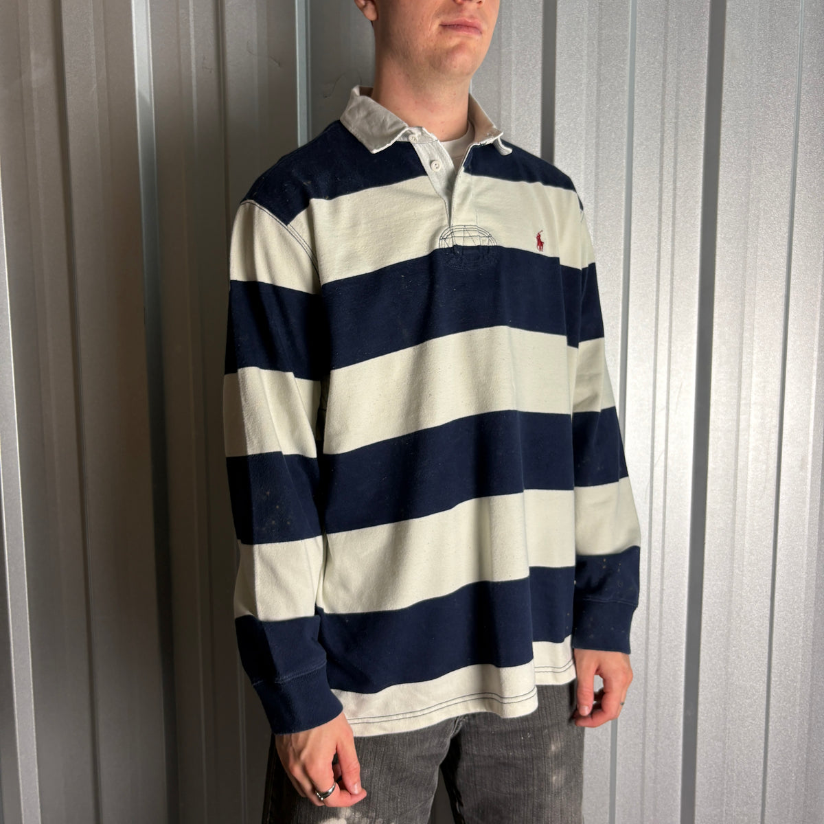 Vintage Ralph Lauren Navy White Stripe Rugby Polo Shirt - XL