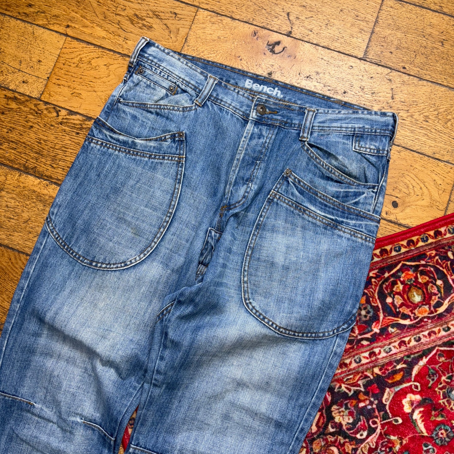 Vintage Bench Blue Embroidered Y2K Hip Hop Baggy Jeans - 36S