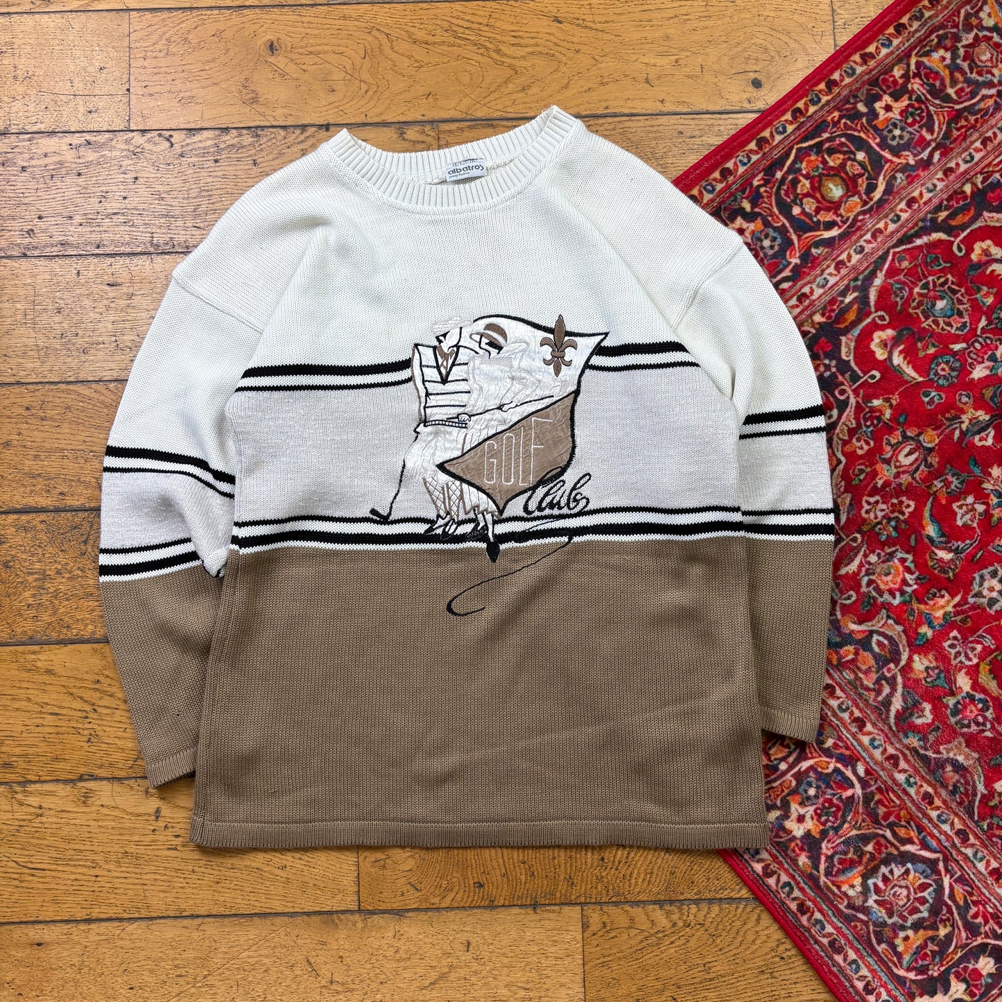 Vintage Cream Golf Embroidered Chunky Knit Jumper - S