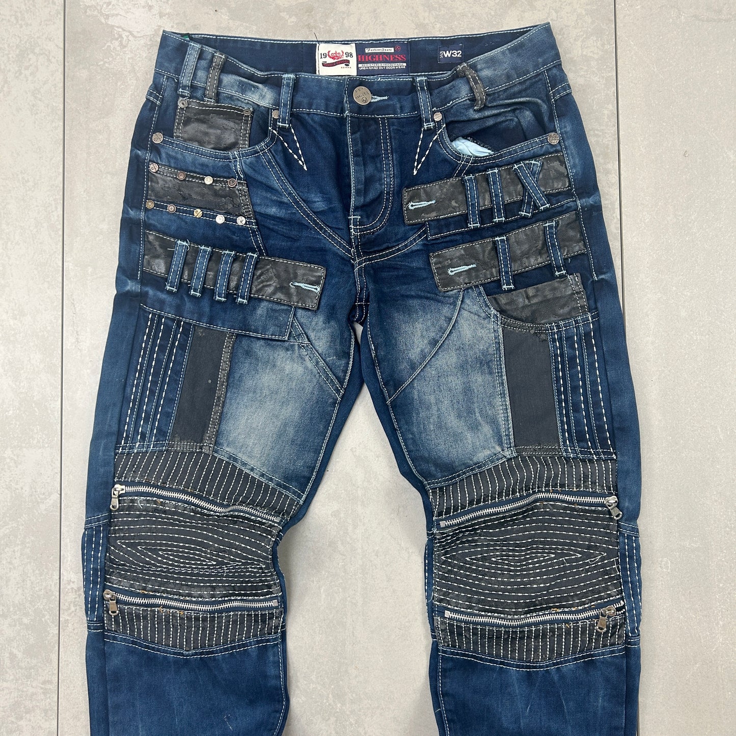 Vintage Hip Hop Straight Blue Black Biker Jeans - 32