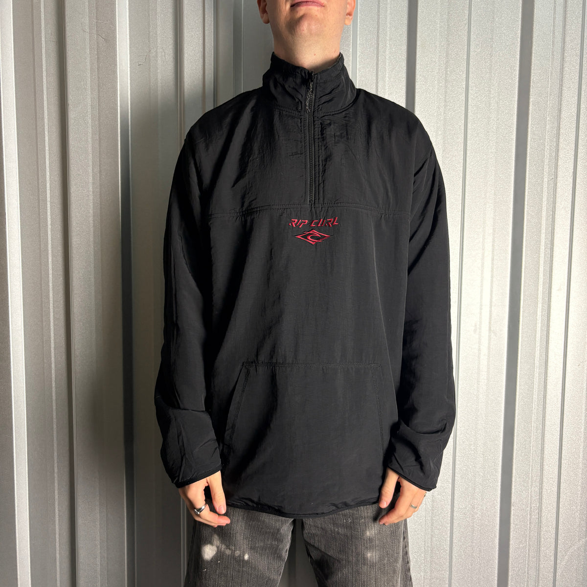 Vintage Rip Curl 00s Y2K Grey Stripe Surfwear Embroidered Fleece Sweatshirt - XL
