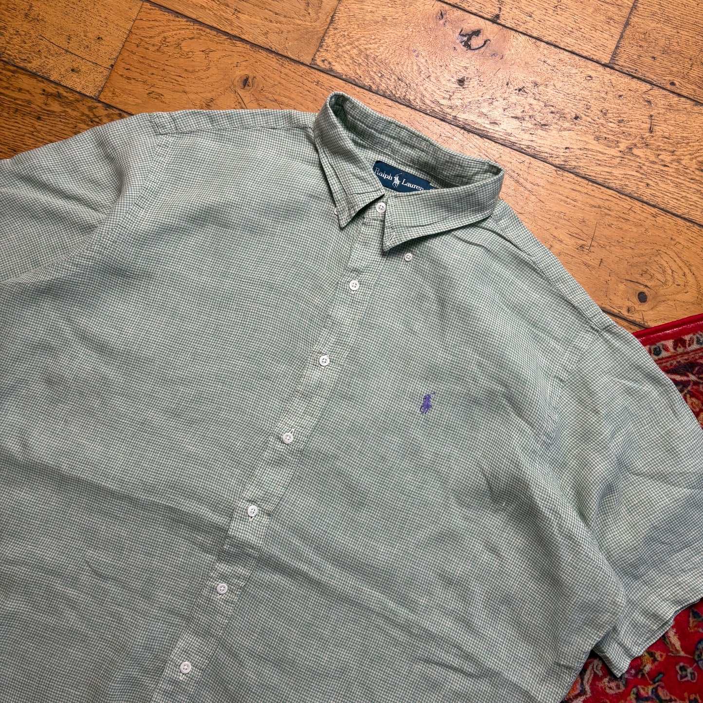 Vintage Ralph Lauren Green Check Short Sleeve Embroidered Shirt - 2XL