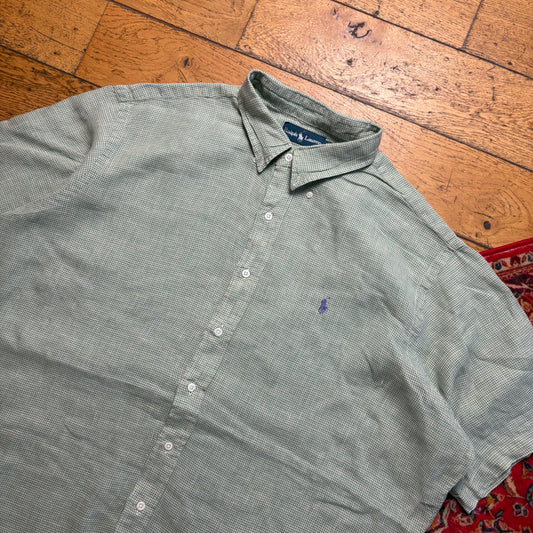 Vintage Ralph Lauren Green Check Short Sleeve Embroidered Shirt - 2XL