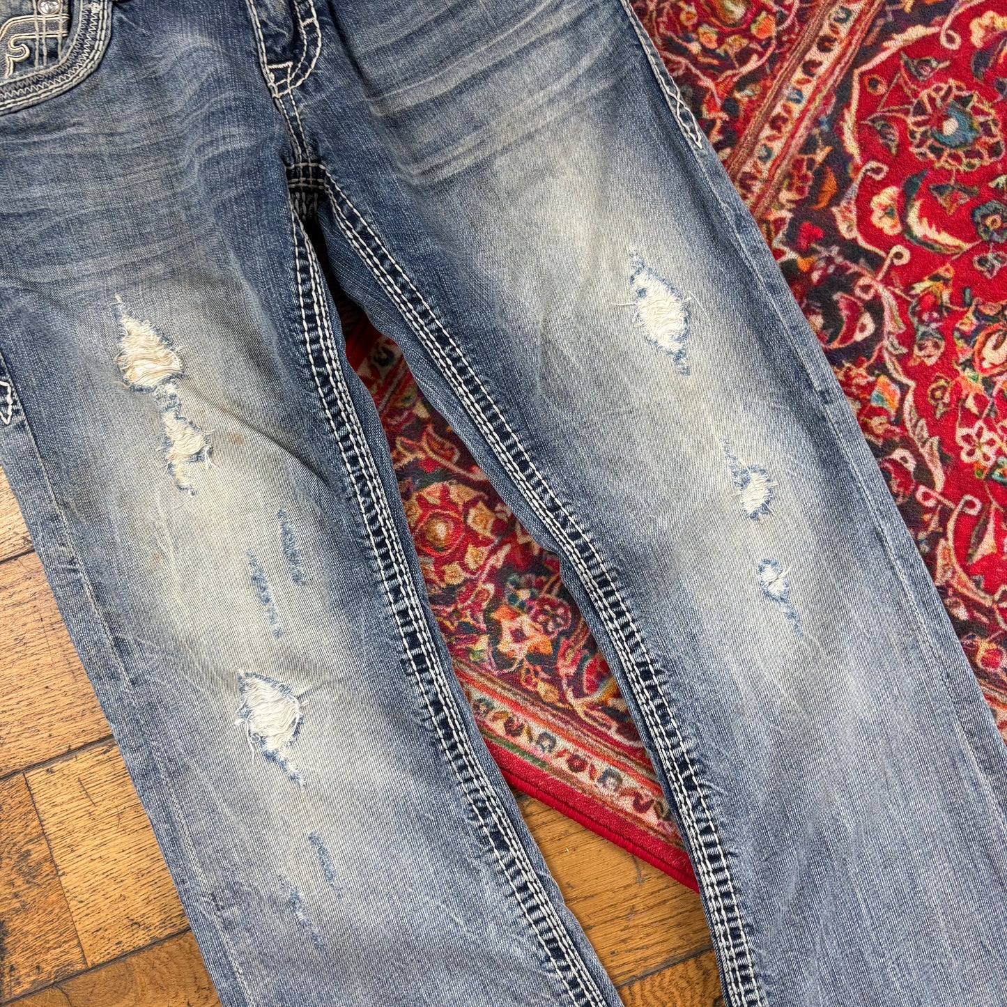 Vintage Rock Revival Blue Embroidered Y2K Hip Hop Bootcut Jeans - 34