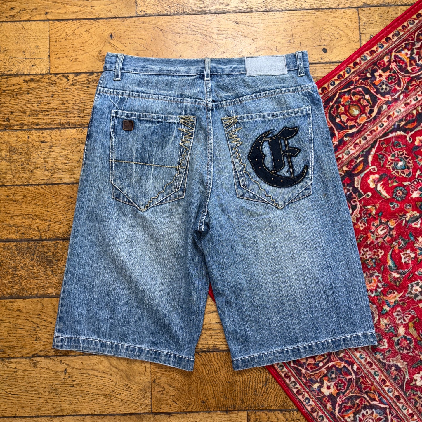 Vintage Echo Park Blue Embroidered Y2K Hip Hop Baggy Jeans Shorts Jorts - 36