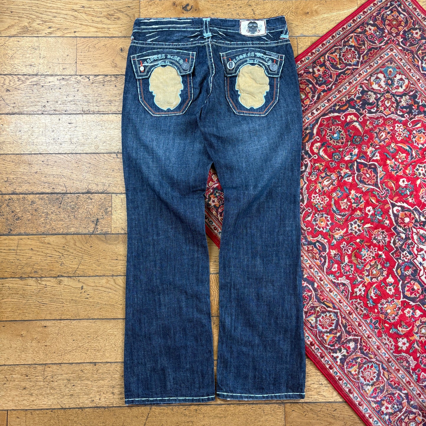 Vintage Laguna Beach Blue Embroidered Y2K Hip Hop Bootcut Jeans - 38