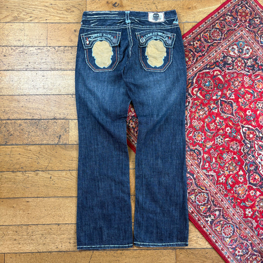 Vintage Laguna Beach Blue Embroidered Y2K Hip Hop Bootcut Jeans - 38