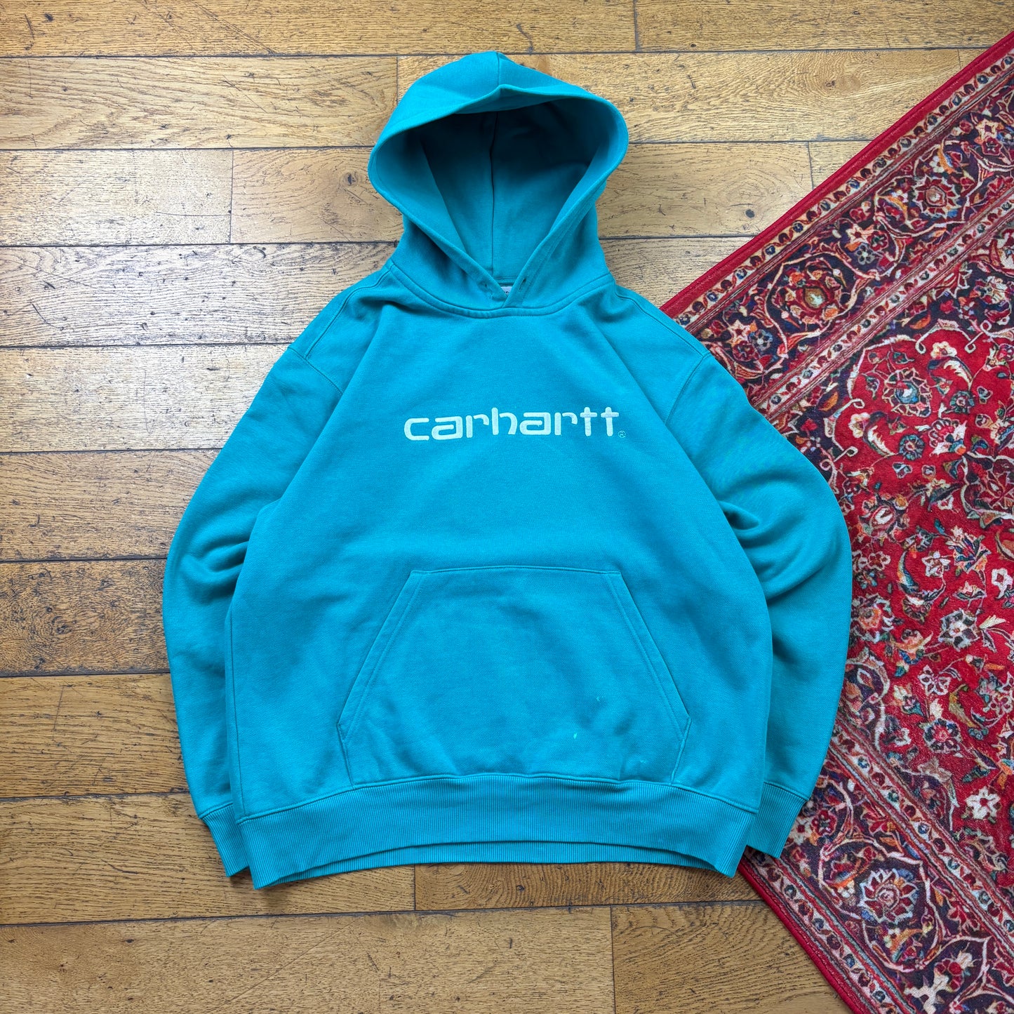 Vintage Blue Green Carhartt WIP Embroidered Hoodie Sweatshirt - L