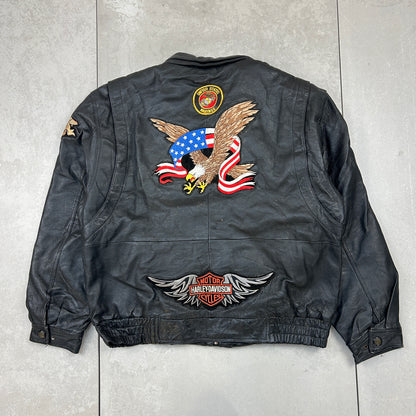 Vintage Custom Harley Davidson Biker Black Genuine Leather Bomber Jacket - L