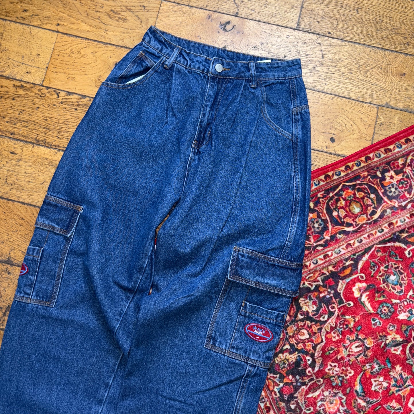 Vintage Wake Jeans Blue Embroidered Y2K Hip Hop Baggy Jeans - 26R